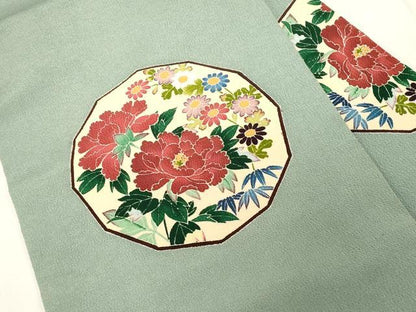 平和屋着物●九寸名古屋帯　友禅　作家物　草花文　鬼しぼ縮緬　正絹　逸品　CABE3648dy