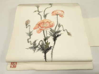 平和屋着物●塩瀬　九寸名古屋帯　作家物　手描き　草花文　正絹　逸品　CABE3649dy