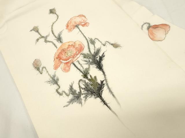 平和屋着物●塩瀬　九寸名古屋帯　作家物　手描き　草花文　正絹　逸品　CABE3649dy