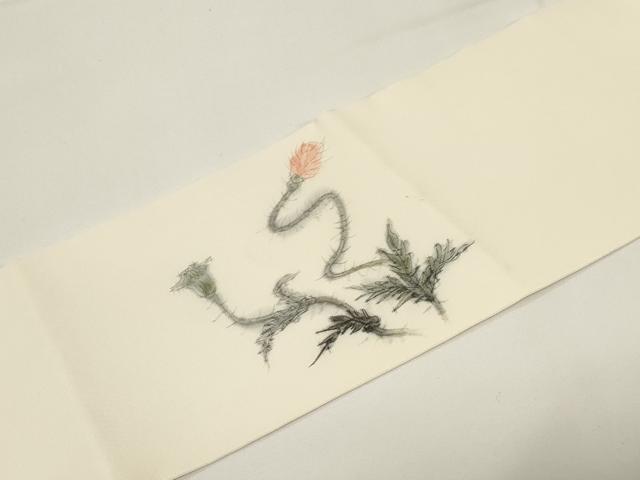 平和屋着物●塩瀬　九寸名古屋帯　作家物　手描き　草花文　正絹　逸品　CABE3649dy