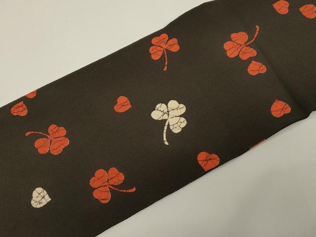 平和屋着物●全通柄九寸名古屋帯　一珍染め　クローバー　黒地　鬼しぼ縮緬　正絹　逸品　CABE3650dy