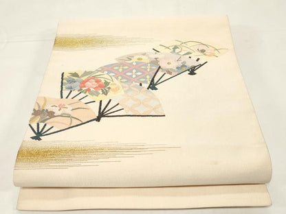平和屋着物●爪掻き本綴れ　八寸名古屋帯　扇面花文　金糸　正絹　逸品　CABE3651dy