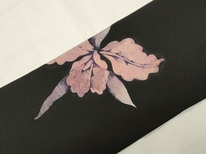 平和屋着物●九寸名古屋帯　紬地　万染　カトレア　黒地　正絹　逸品　CABE3655dy