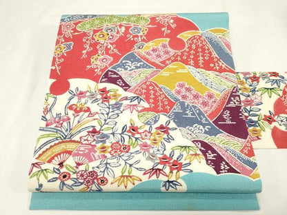 平和屋着物●九寸名古屋帯　型染め　雪輪草花文　鬼しぼ縮緬　正絹　逸品　CABE3659dy