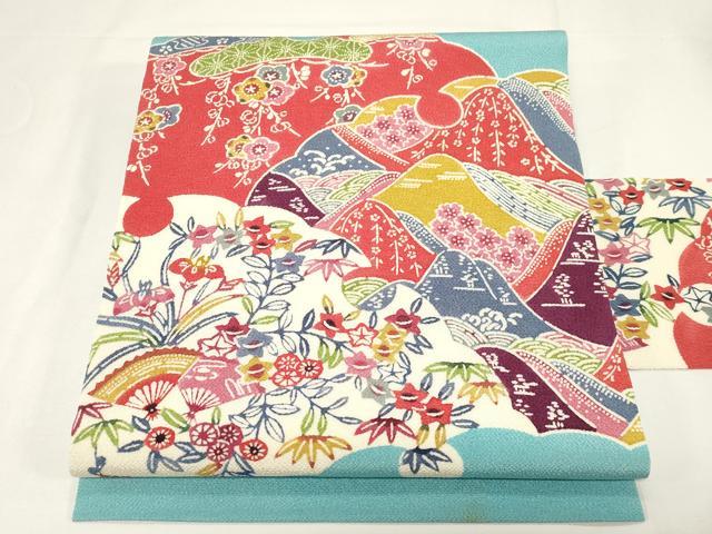 平和屋着物●九寸名古屋帯　型染め　雪輪草花文　鬼しぼ縮緬　正絹　逸品　CABE3659dy