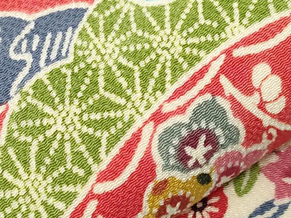 平和屋着物●九寸名古屋帯　型染め　雪輪草花文　鬼しぼ縮緬　正絹　逸品　CABE3659dy
