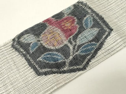 平和屋着物▽九寸名古屋帯 スリーシーズン 春夏秋 櫛織 紬地 草花文 正絹 逸品 CABE3661dy
