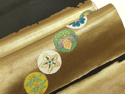 平和屋着物●九寸名古屋帯　唐織　花蝶丸文　黒地　金糸　正絹　逸品　CABE3665dy