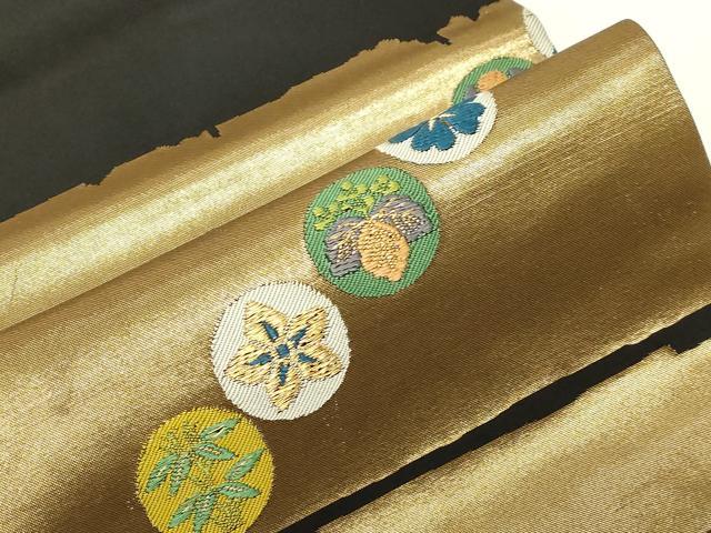 平和屋着物●九寸名古屋帯　唐織　花蝶丸文　黒地　金糸　正絹　逸品　CABE3665dy
