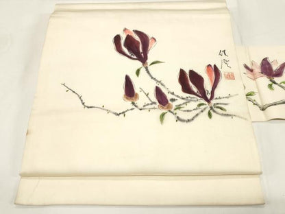 平和屋着物●塩瀬　九寸名古屋帯　作家物　手描き　草花文　正絹　逸品　CABE3669dy