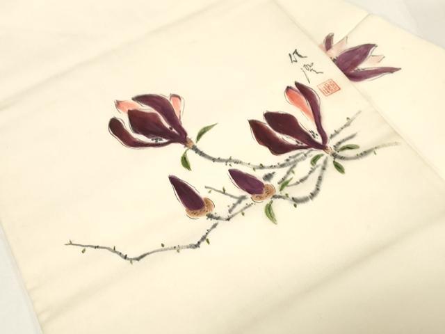 平和屋着物●塩瀬　九寸名古屋帯　作家物　手描き　草花文　正絹　逸品　CABE3669dy