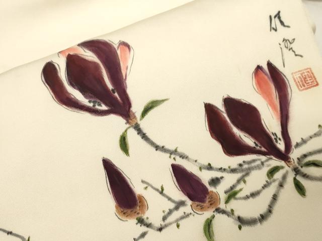平和屋着物●塩瀬　九寸名古屋帯　作家物　手描き　草花文　正絹　逸品　CABE3669dy