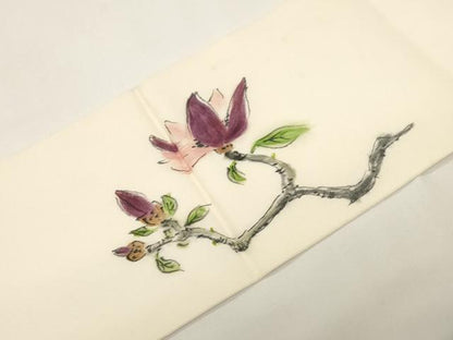 平和屋着物●塩瀬　九寸名古屋帯　作家物　手描き　草花文　正絹　逸品　CABE3669dy