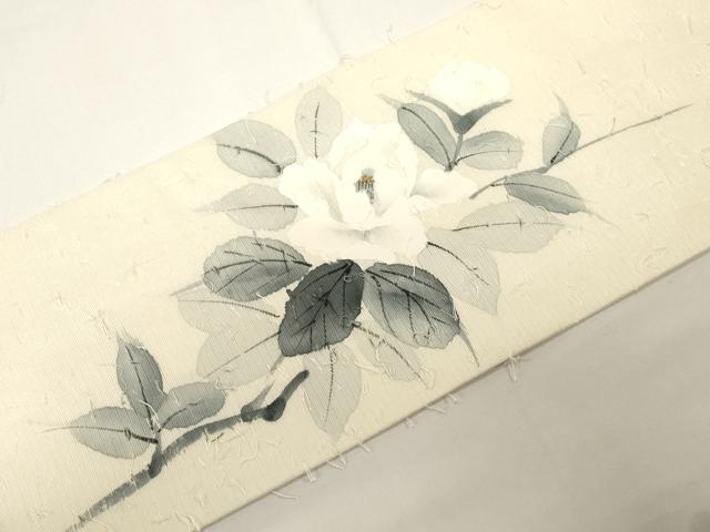 平和屋着物●九寸名古屋帯　作家物　手描き　髭紬　草花文　金彩　正絹　逸品　CABE3671dy