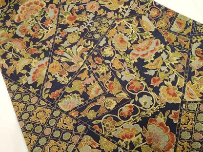 平和屋着物●全通柄九寸名古屋帯　作家物　紬地　更紗花鳥文　金彩　正絹　逸品　未使用　CABE3676dy