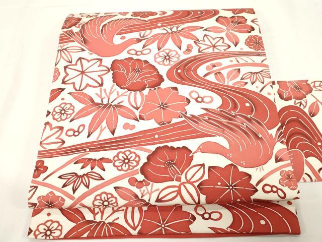 平和屋着物●塩瀬　全通柄九寸名古屋帯　型染め　花鳥文　正絹　逸品　未使用　CABE3687dy