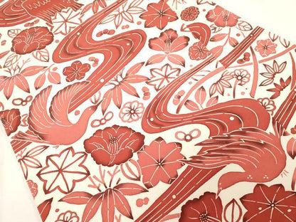 平和屋着物●塩瀬　全通柄九寸名古屋帯　型染め　花鳥文　正絹　逸品　未使用　CABE3687dy