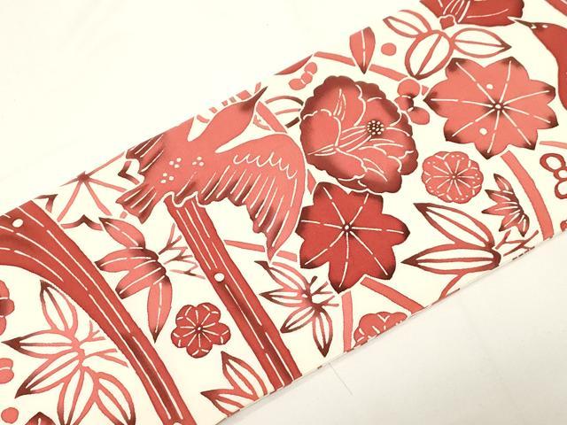平和屋着物●塩瀬　全通柄九寸名古屋帯　型染め　花鳥文　正絹　逸品　未使用　CABE3687dy