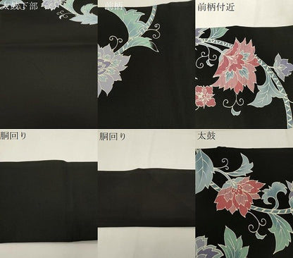 平和屋着物●塩瀬　九寸名古屋帯　型染め　更紗文　黒地　正絹　逸品　CABE3692dy