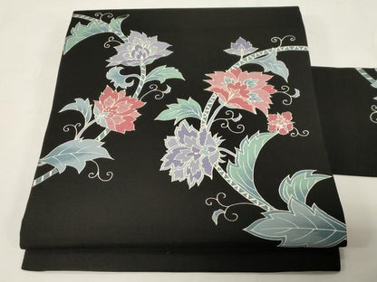 平和屋着物●塩瀬　九寸名古屋帯　型染め　更紗文　黒地　正絹　逸品　CABE3692dy