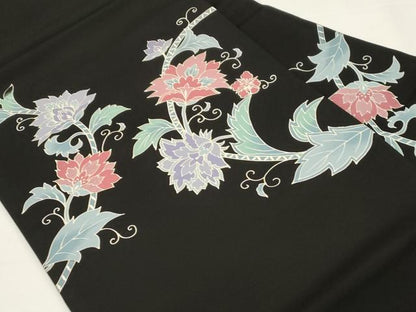 平和屋着物●塩瀬　九寸名古屋帯　型染め　更紗文　黒地　正絹　逸品　CABE3692dy
