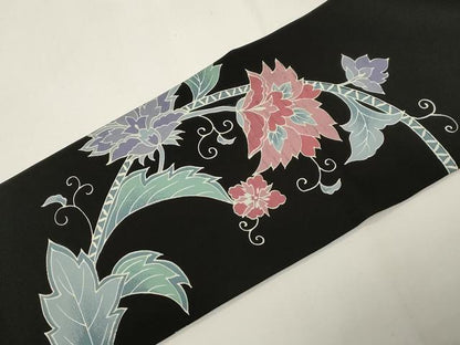 平和屋着物●塩瀬　九寸名古屋帯　型染め　更紗文　黒地　正絹　逸品　CABE3692dy