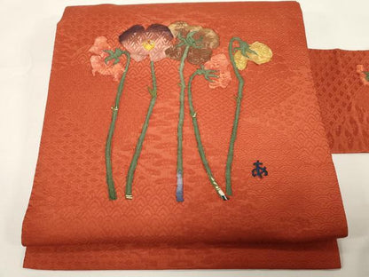 平和屋着物●宮脇綾子　九寸名古屋帯　ちくし民芸染　草花文　正絹　逸品　CABE3695dy