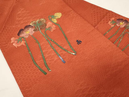 平和屋着物●宮脇綾子　九寸名古屋帯　ちくし民芸染　草花文　正絹　逸品　CABE3695dy