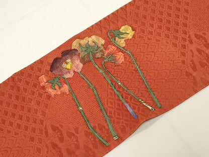 平和屋着物●宮脇綾子　九寸名古屋帯　ちくし民芸染　草花文　正絹　逸品　CABE3695dy