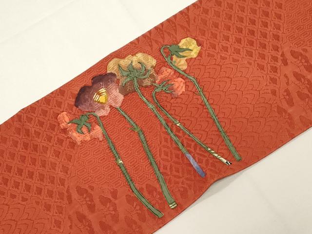 平和屋着物●宮脇綾子　九寸名古屋帯　ちくし民芸染　草花文　正絹　逸品　CABE3695dy