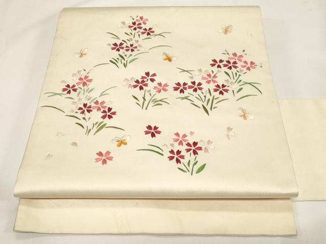 平和屋着物●九寸名古屋帯　総刺繍　花蝶文　正絹　逸品　CABE3702dy
