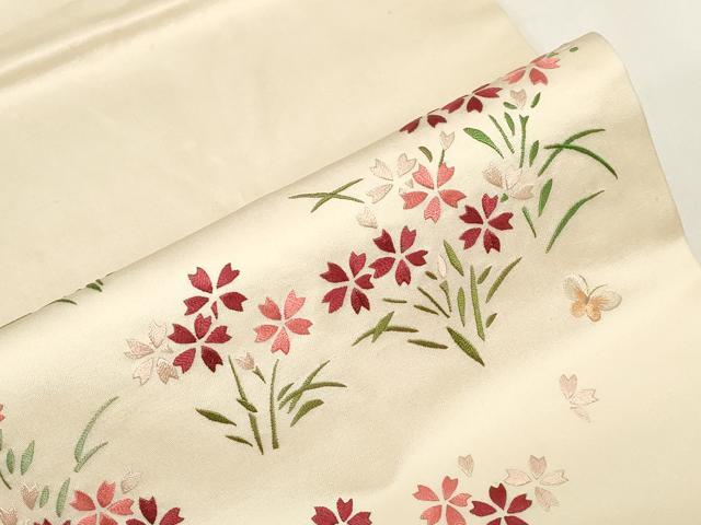 平和屋着物●九寸名古屋帯　総刺繍　花蝶文　正絹　逸品　CABE3702dy