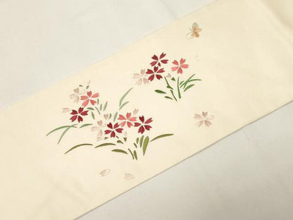 平和屋着物●九寸名古屋帯　総刺繍　花蝶文　正絹　逸品　CABE3702dy