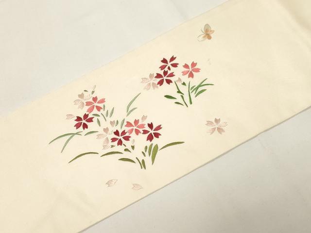 平和屋着物●九寸名古屋帯　総刺繍　花蝶文　正絹　逸品　CABE3702dy