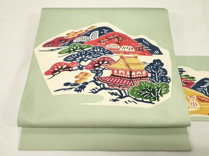平和屋着物●塩瀬　九寸名古屋帯　型染め　風景文　正絹　逸品　CABE3708dy