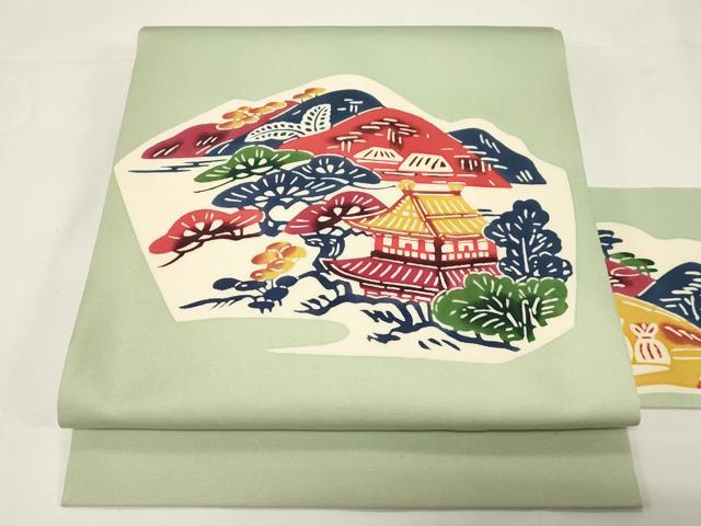 平和屋着物●塩瀬　九寸名古屋帯　型染め　風景文　正絹　逸品　CABE3708dy