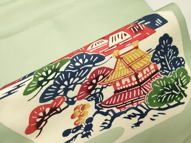 平和屋着物●塩瀬　九寸名古屋帯　型染め　風景文　正絹　逸品　CABE3708dy