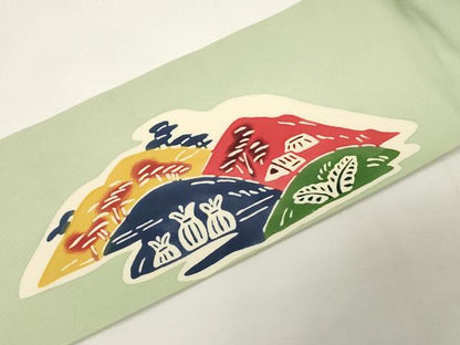 平和屋着物●塩瀬　九寸名古屋帯　型染め　風景文　正絹　逸品　CABE3708dy