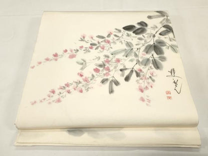 平和屋着物●塩瀬　九寸開き名古屋帯　作家物　手描き　草花文　正絹　逸品　CABE3711dy