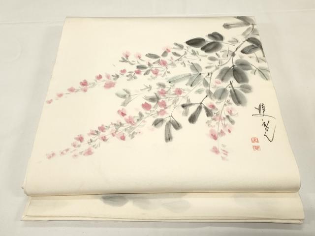 平和屋着物●塩瀬　九寸開き名古屋帯　作家物　手描き　草花文　正絹　逸品　CABE3711dy