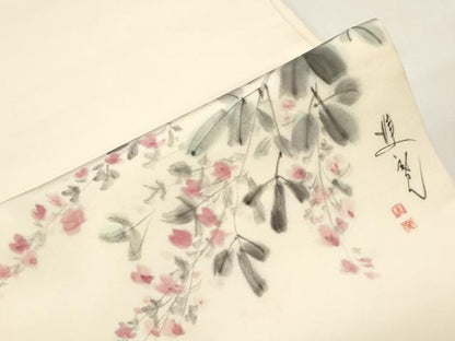 平和屋着物●塩瀬　九寸開き名古屋帯　作家物　手描き　草花文　正絹　逸品　CABE3711dy