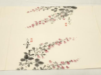 平和屋着物●塩瀬　九寸開き名古屋帯　作家物　手描き　草花文　正絹　逸品　CABE3711dy