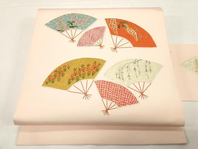 平和屋着物●塩瀬　九寸名古屋帯　絞り　刺繍　扇面草花文　金糸　正絹　逸品　CABE3712dy