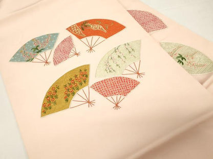 平和屋着物●塩瀬　九寸名古屋帯　絞り　刺繍　扇面草花文　金糸　正絹　逸品　CABE3712dy