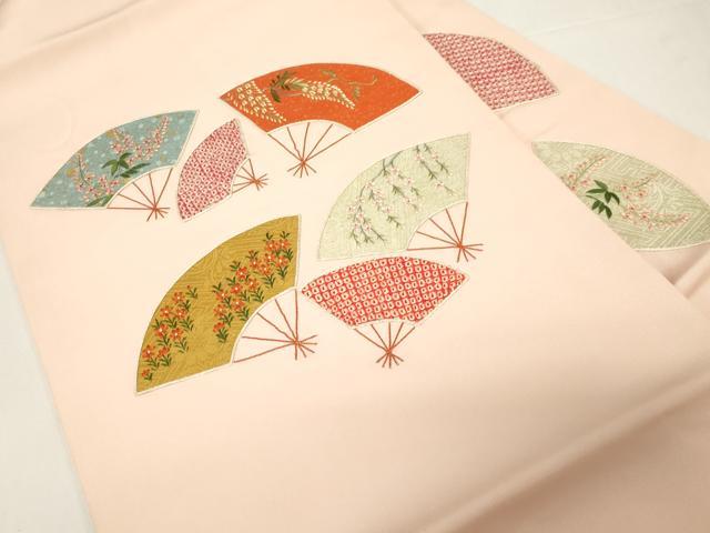 平和屋着物●塩瀬　九寸名古屋帯　絞り　刺繍　扇面草花文　金糸　正絹　逸品　CABE3712dy