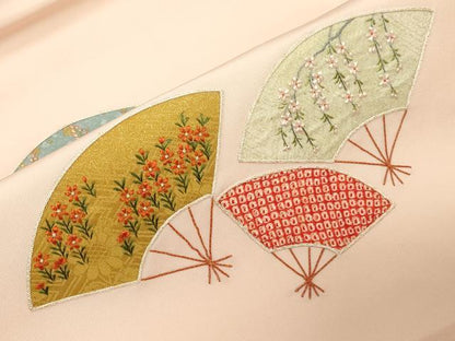 平和屋着物●塩瀬　九寸名古屋帯　絞り　刺繍　扇面草花文　金糸　正絹　逸品　CABE3712dy