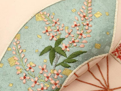 平和屋着物●塩瀬　九寸名古屋帯　絞り　刺繍　扇面草花文　金糸　正絹　逸品　CABE3712dy