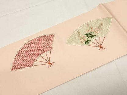 平和屋着物●塩瀬　九寸名古屋帯　絞り　刺繍　扇面草花文　金糸　正絹　逸品　CABE3712dy