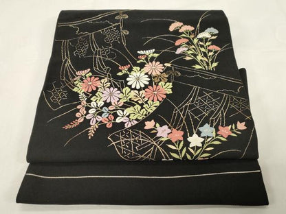 平和屋着物●綴れ　つけ帯　誰が袖花文　黒地　金糸　正絹　逸品　CABE3719dy