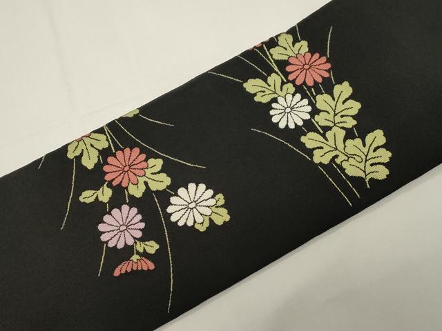 平和屋着物●綴れ　つけ帯　誰が袖花文　黒地　金糸　正絹　逸品　CABE3719dy
